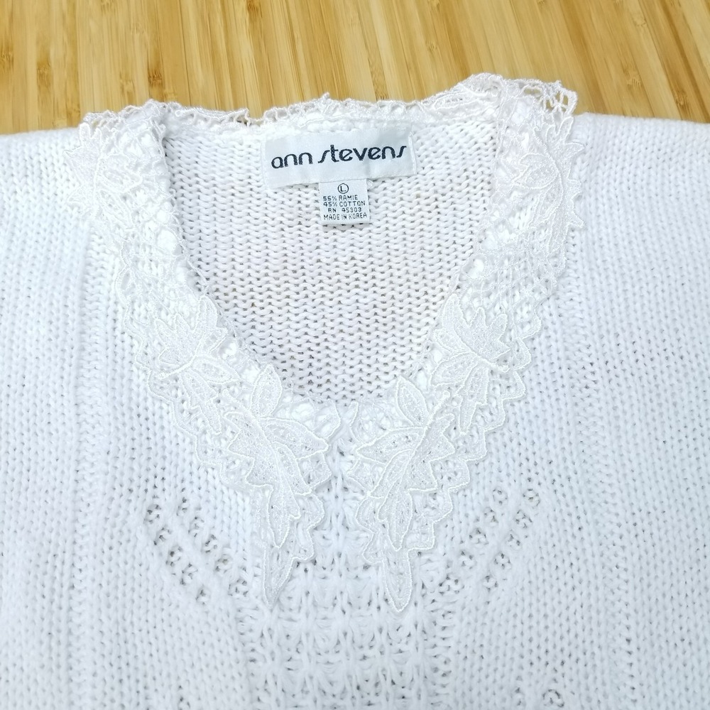 Vintage Sweater Women L White Cotton Blend Lace Collar Open Knit Cottage Grandma